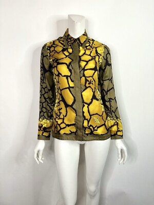 Vtg Gianni Versace Green & Yellow Print Silk Top S 40
