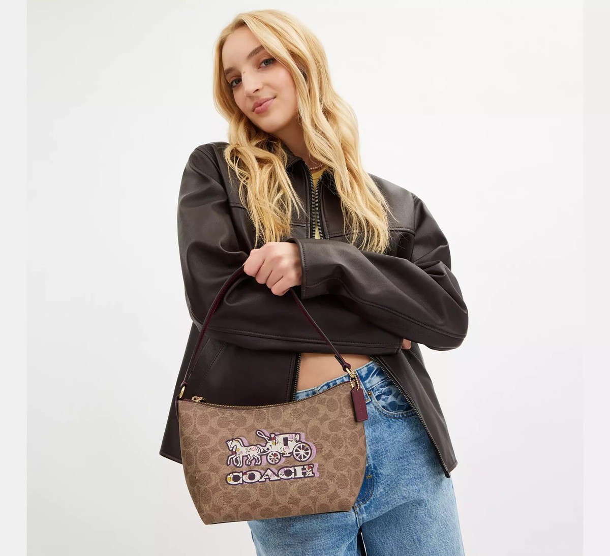 🔥NWT COACH Zip Top Shoulder Bag Signature Canvas With Horse