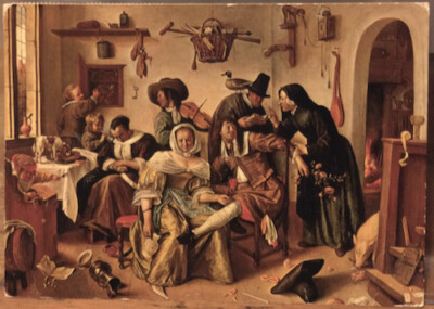 Art Postcard JAN STEEN Painting THE WORLD UPSIDE DOWN 1663 Kunst. Museum Wien