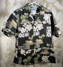 Vintage RJC Hawaiian Shirt XL Black Island Hut Hibiscus Floral Aloha Button Up