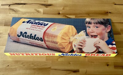 VTG NICKLES TOASTMASTER BREAD Advertising Shelf Cover Sign Girl Eating Sandwich