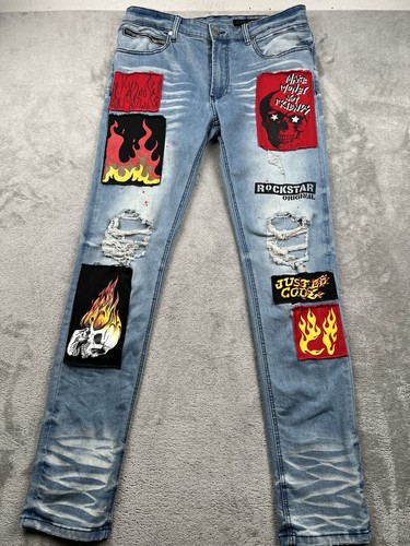 Rockstar Original Slim Distressed Jeans Patches Mens Sz 34 RSM200 URI Blue