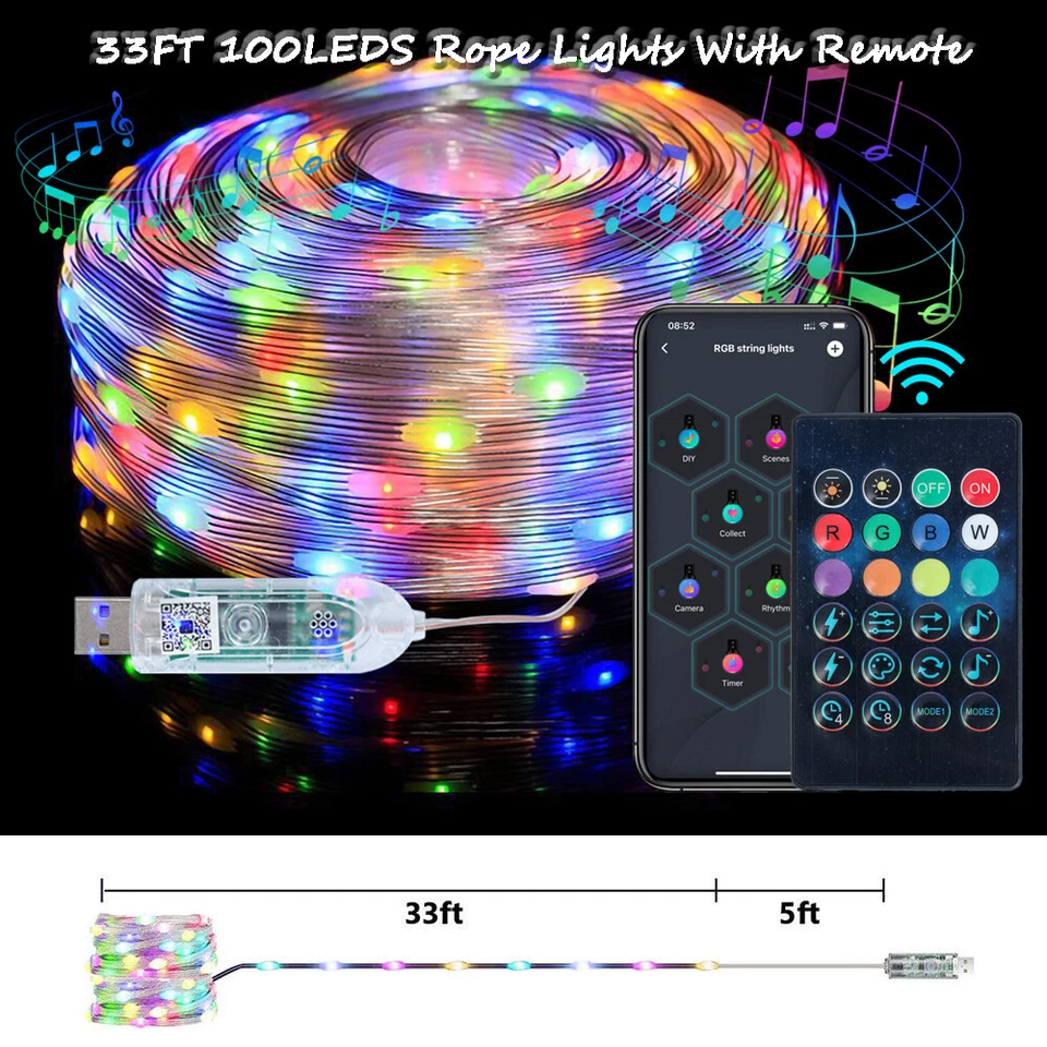 Cadena de tubo de luz de cuerda de 100 LED de 33 pies para boda jardín fiesta decoración exterior RGB Foto 2 de 4