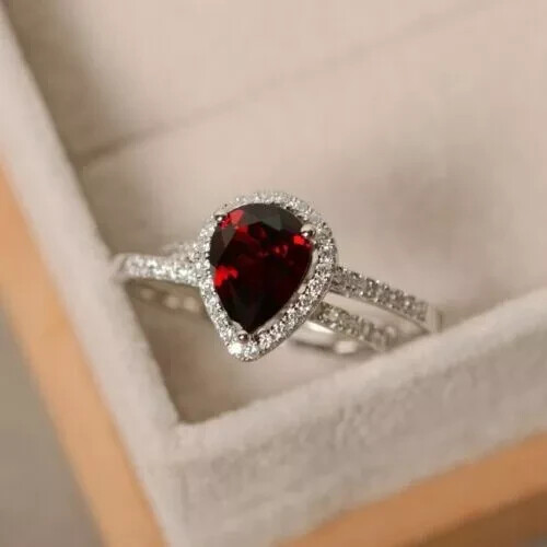 2.90Ct Pear Cut Lab-Created Red Garnet Bridal-Set Ring 14K White Gold Plated - Picture 1 of 6