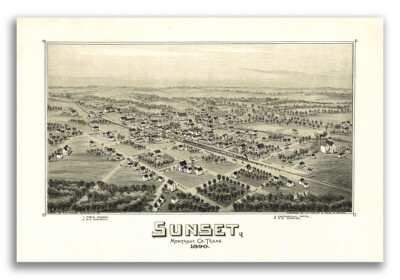 1890 Sunset Texas Vintage Old Panoramic City Map - 16x24