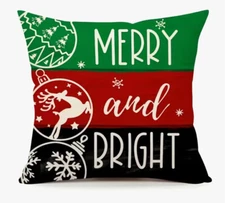 MERRY & BRIGHT Decorative Christmas Throw Pillow Cover 18x18” Holiday Home Deco