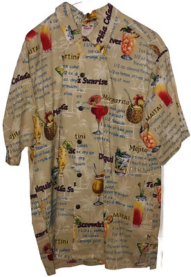 Go Barefoot Vintage Hawaiian Mixed Drinks Button Down Short Sleeve Shirt Mens XL
