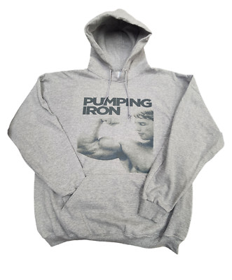 Mens pumping iron arnold vintage graphic grey hoodie