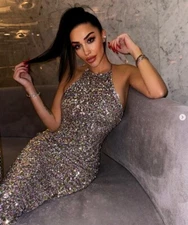 ZARA HALTER NECK KNIT DRESS WITH SEQUINS SIZE SMALL REF 3920 018 RRP £79.99