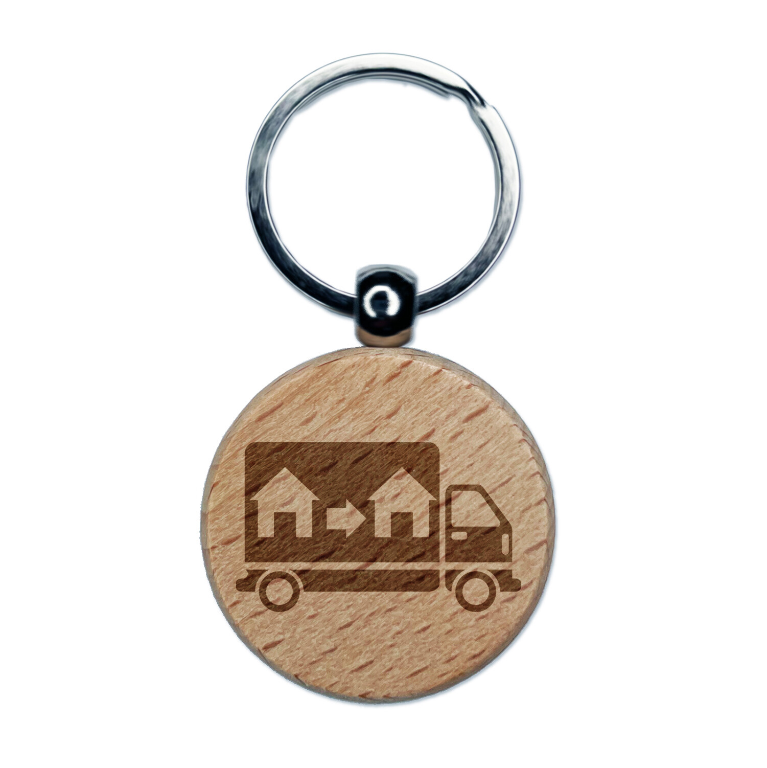 Moving Truck Vehicle Icon Engraved Wood Round Keychain Tag Charm