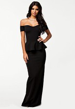 Drop Shoulder V-Neck Peplum Maxi Women Dress Black Medium