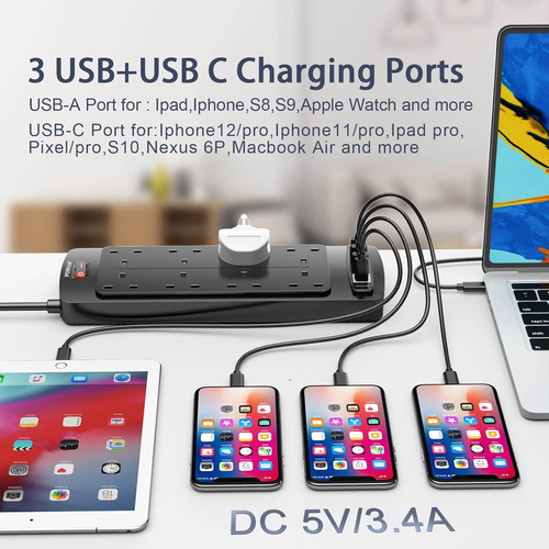 Extension Lead with 4 USB Slots (3.4A, 1 Type C and 3 USBA Ports