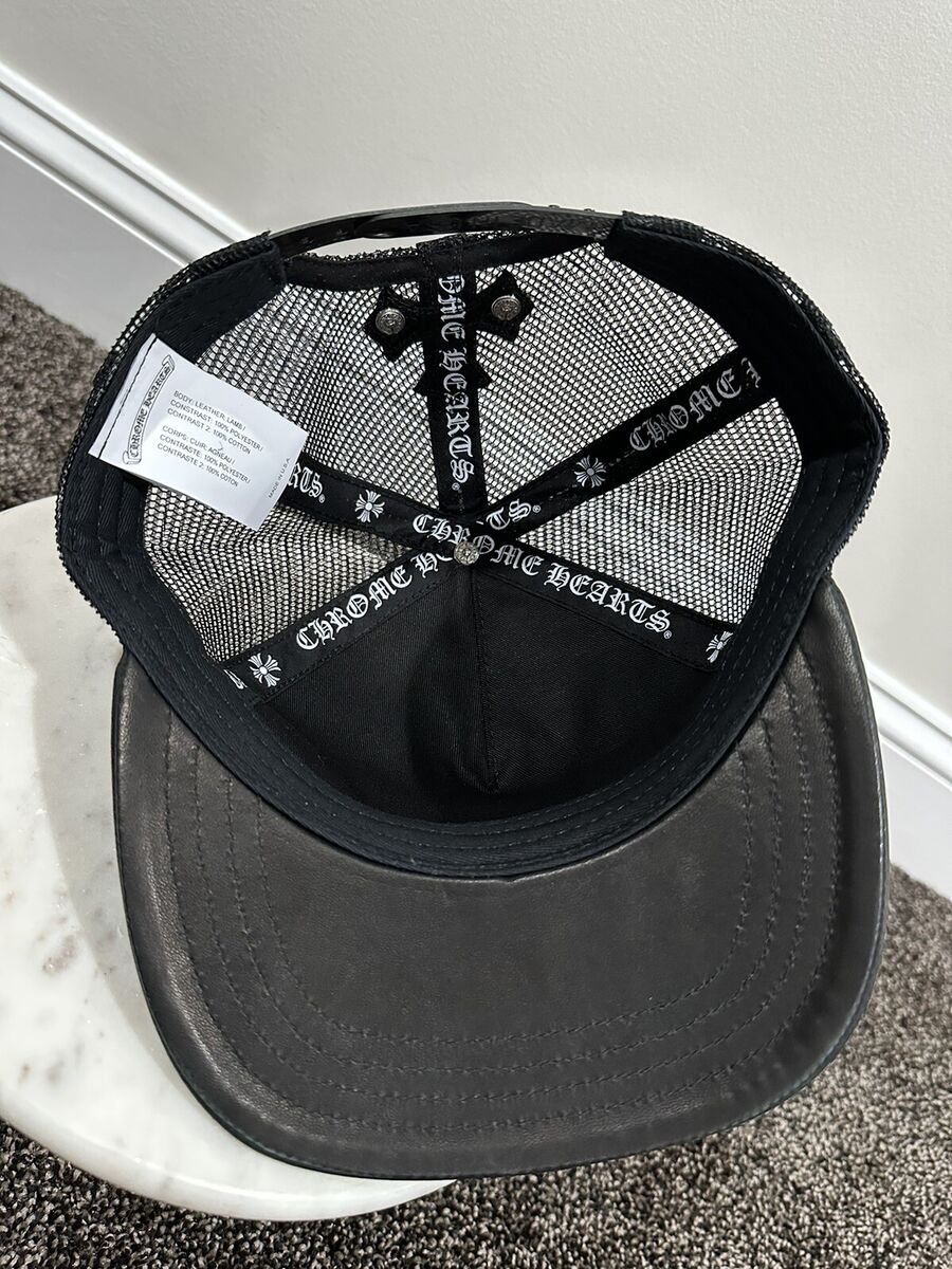 Chrome Hearts Leather Cemetery Cross Patch Black Trucker Hat Chrome Hearts Leather Cemetery Cross Patch Black Trucker Hat