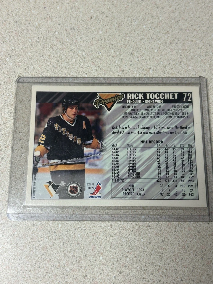 1993-94 Topps Premier - Rick Tocchet #72 Signed Autographed - Image 2 of 2