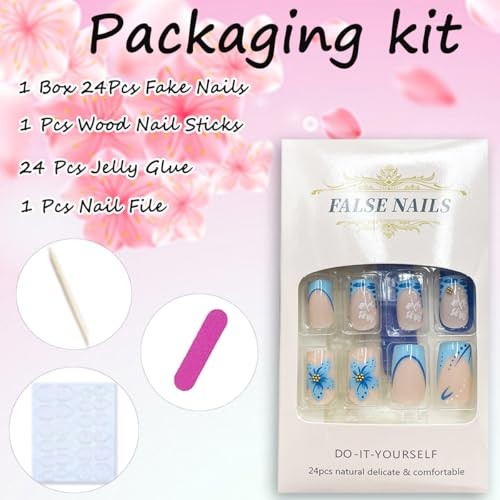 24Pcs Blue French Tip Press on Nails Short Square Fake Blue French Tip Nails-6 - Picture 6 of 7
