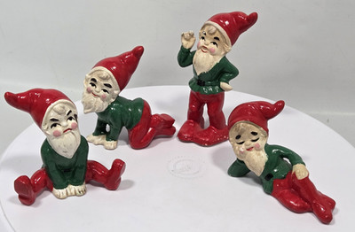 MCM 4 Christmas Elf Gnome Santa Chalkware Figurines Kitsch Japan? Red and Green
