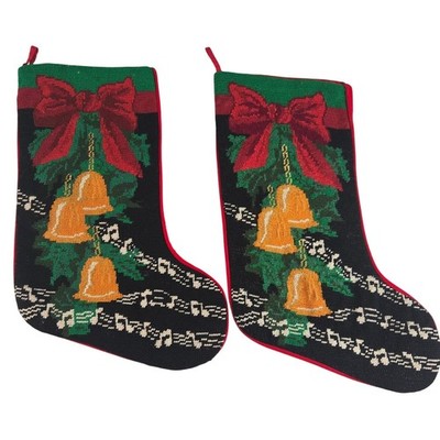 Vintage Needlepoint Christmas Stockings Set of 2 Bell Holly Ribbon Holiday Decor