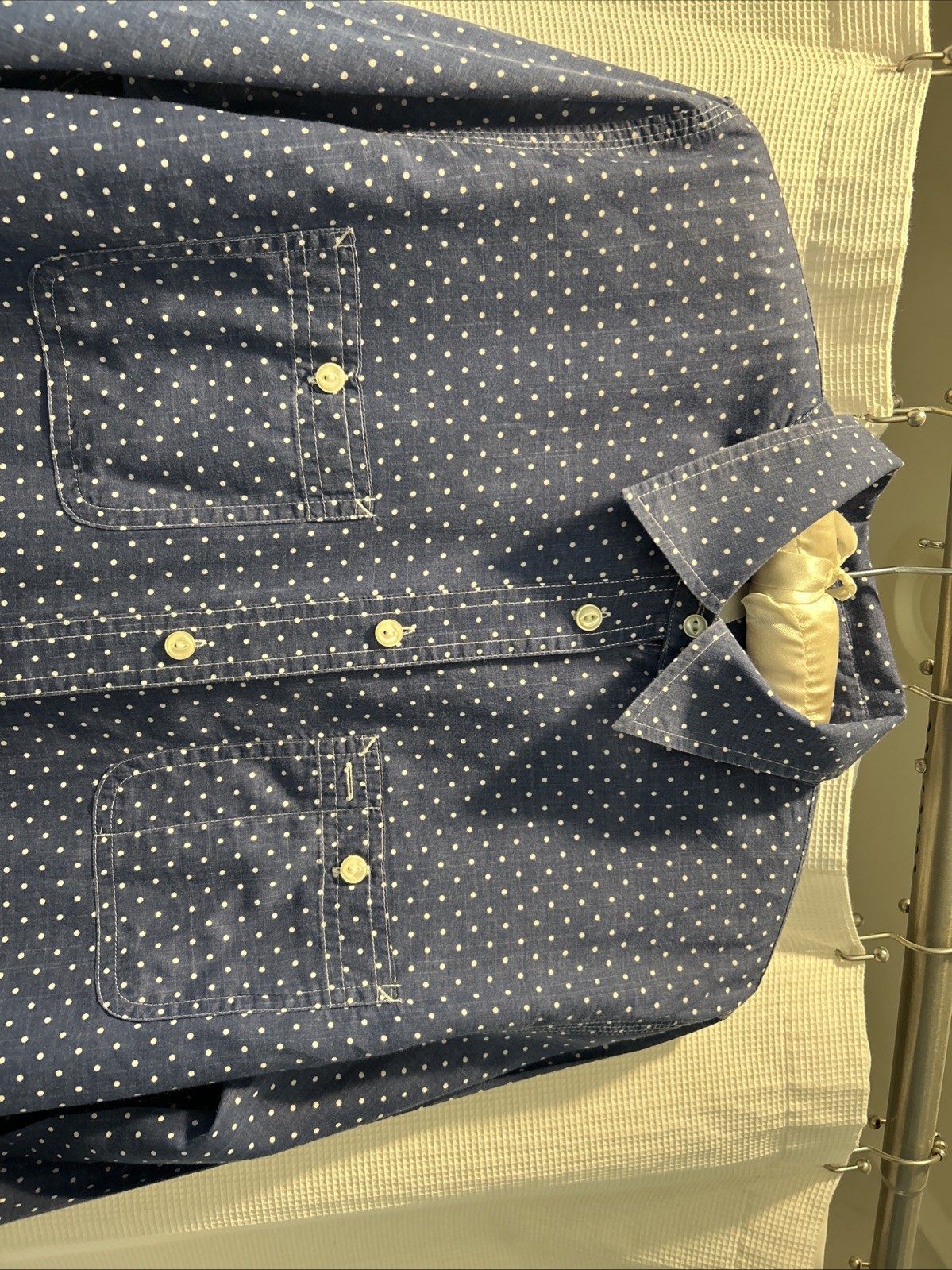 Ralph Lauren Women Blue/White Polka Dot Large Collared Button Down  100% Cotton
