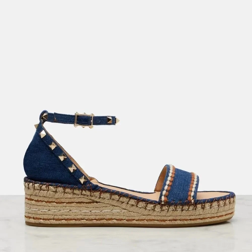 Valentino — $950 Valentino Rockstud Denim Strap Double Platform Wedge Espadrille Size 37 / 7