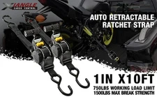 2 Pack- Auto Retractable Ratchet Strap 1" x 10' 1500lb Heavy Duty Tie Down Strap