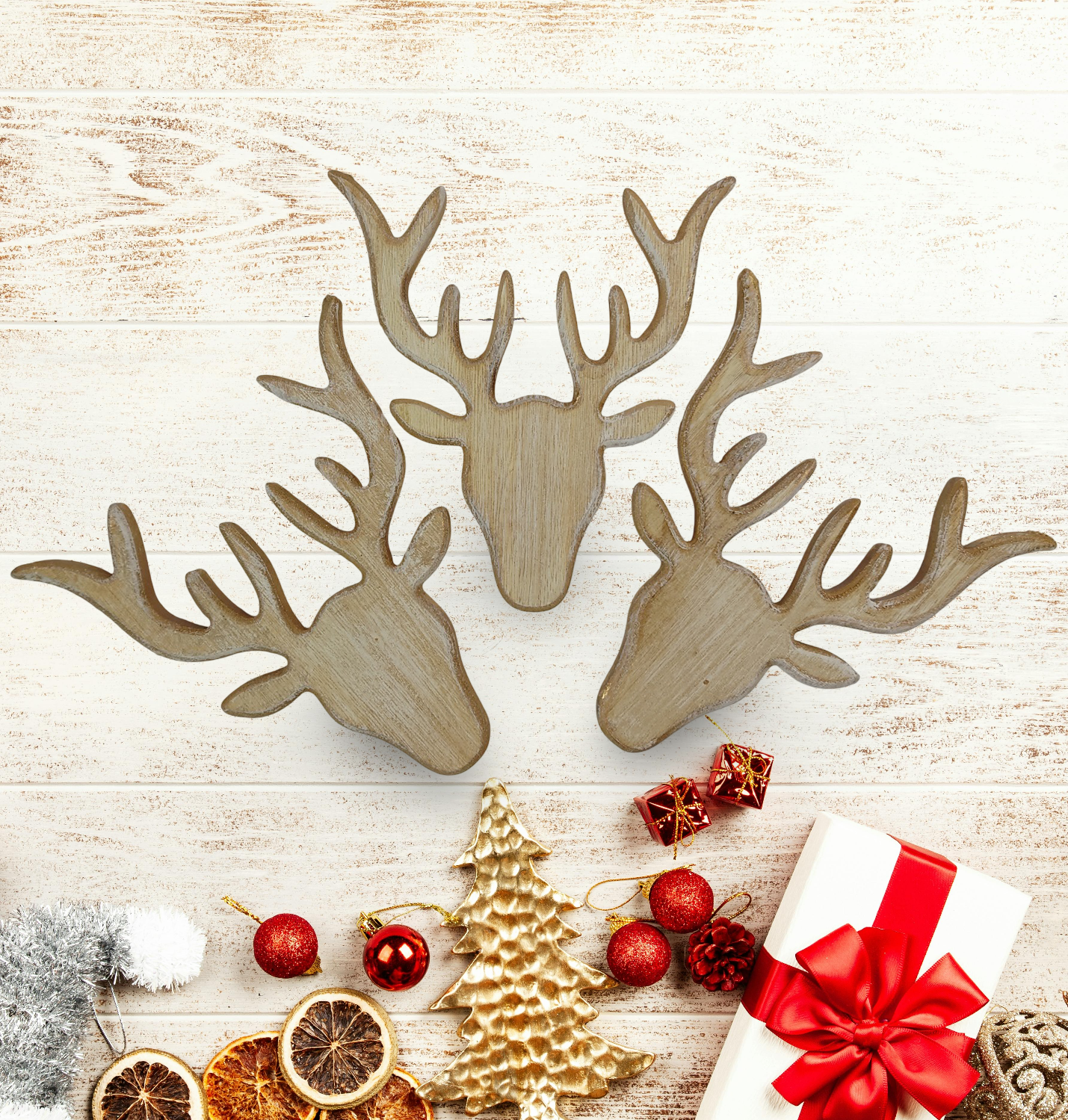 Natural Wood Stag Head Christmas Hanging Rustic Gold Edge  7”  Set of 3