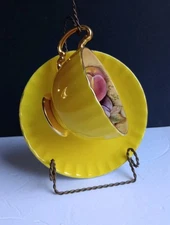 Vtg Aynsley teacup & saucer Orchard Fruit Gold England bone china grapes plums