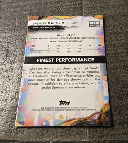 2024 Topps Finest Common Spencer Rattler #64 rifrattore a scacchiera RC Saints - Foto 2 di 2