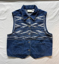 Vtg Large Susan Bristol Button Up Denim Vest Southwestern Aztec Red Blue Green