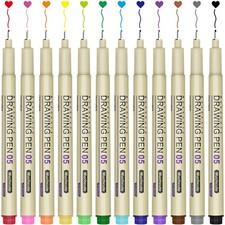 Muchcute 05 Micro Fineliner Drawing Art Pens: 12 Colors 0.45mm Extra Fine Point