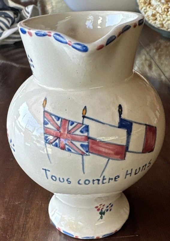 Vintage Desvres France Tous Contre Huns WWI Hand Painted Faience Pitcher Ewer