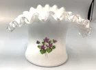 Vintage Fenton Violets in the Snow Ruffled White Vase Hand Painted 4.5”