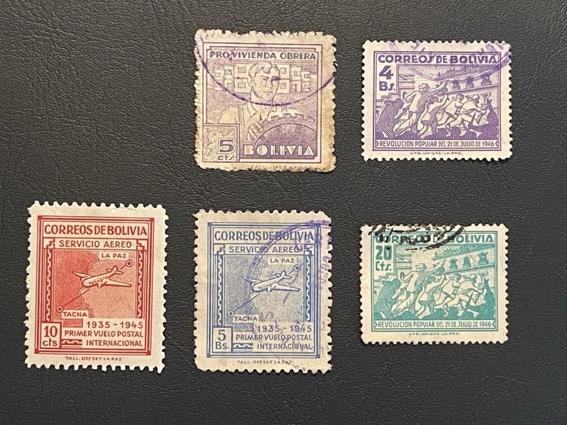Rare! Bolivia Postage & Air Mail Stamp Lot of 5 Revolution Aviation Purple/Red