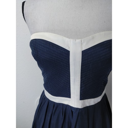 Parker Navy Blue Cream Silk Strapless Sweetheart Mini Dress Size M - Picture 4 of 10