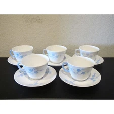 Set (5) Spode Geisha Light Blue Blanche De Chine Cups & Saucers