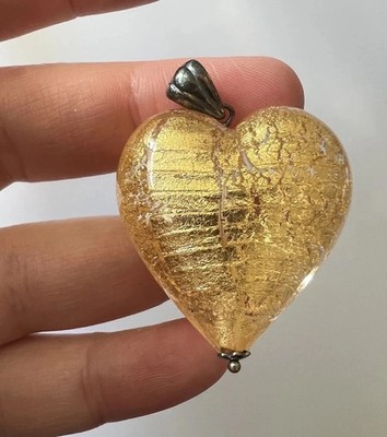 Vintage Sterlingsilber venezianisches Murano Glas Gold aufgeblähtes Herz großer Anhänger