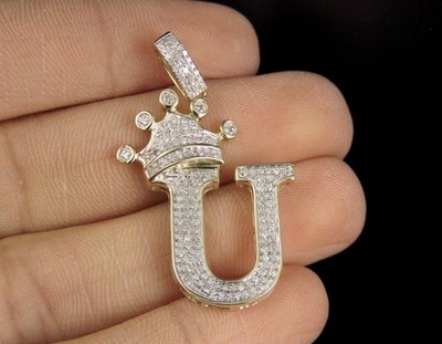 1.20Ct Lab Created Diamond Crown Initial U Letter Pendant 14K Yellow Gold Plated