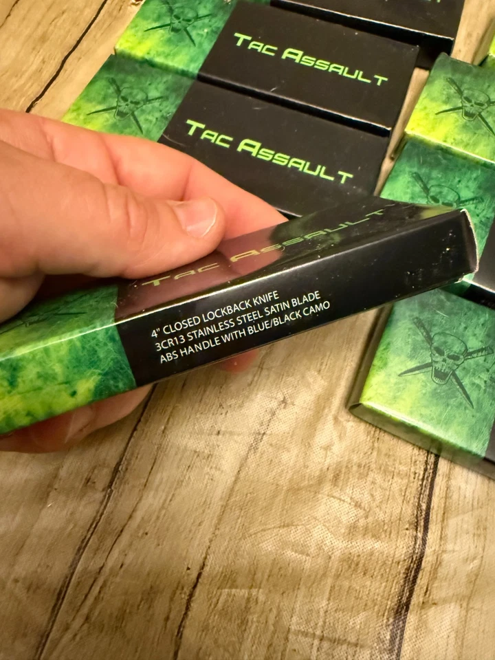 Lot of 12 Tac Assault Folding Knives Blue/Black Camo 4" Lockback 3CR13 NIB - Image 2 of 4