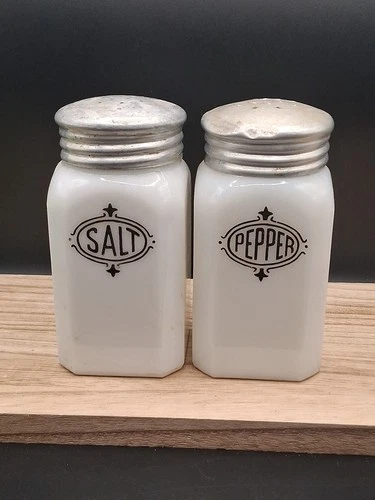 Vintage Hazel Atlas White Milk Glass Salt & Pepper Shakers – Range Top w/ Metal