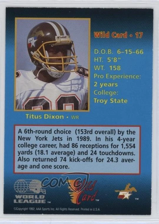 1992 Wild Card World League 20 Stripe Titus Dixon #17 - Image 2 of 2