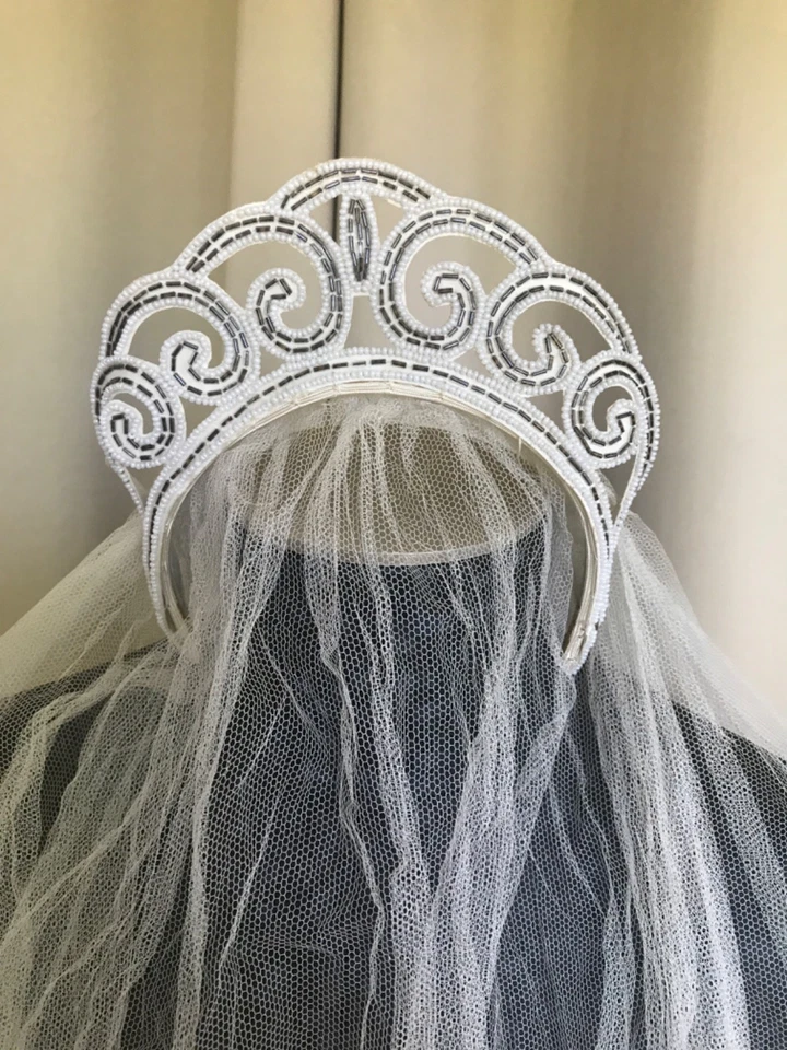 Corona vintage Art Deco marfil boda cuentas con doble encaje lamento Foto 2 de 4