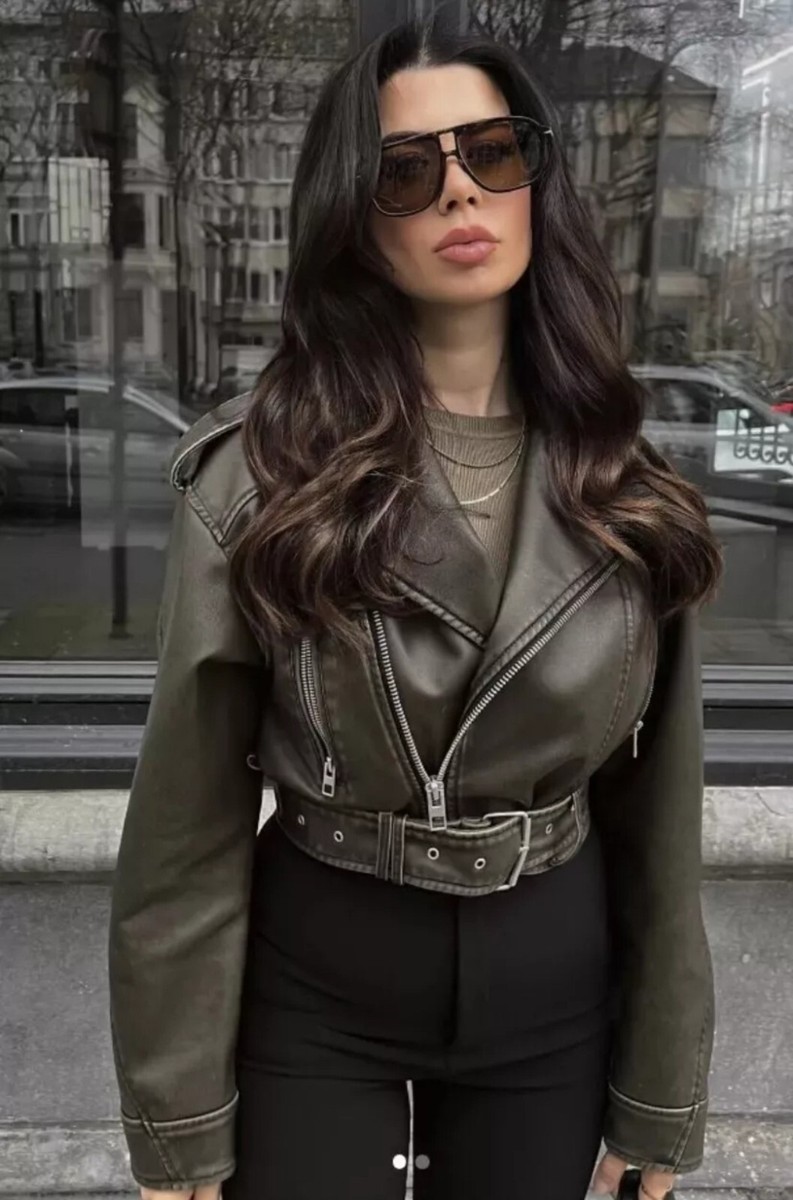ZARA Sz S LEATHER EFFECT CROPPED BIKER JACKET CHARCOAL NEW ZARA Sz S LEATHER EFFECT CROPPED BIKER JACKET CHARCOAL NEW