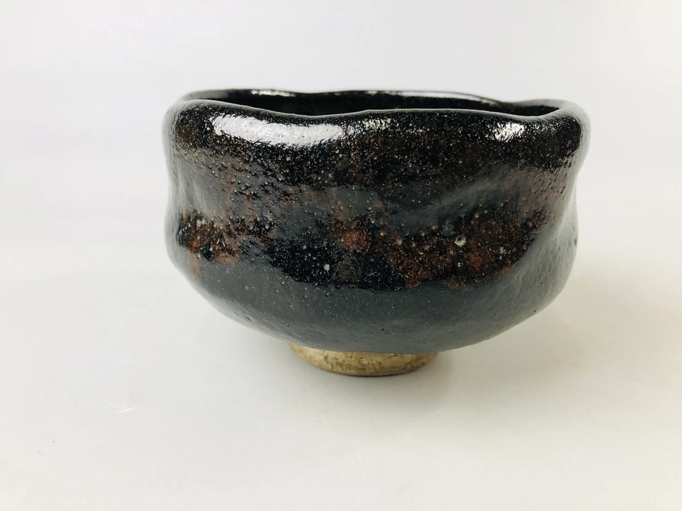 Y7181 CHAWAN Raku-ware cuenco negro caja firmada Japón antigua ceremonia del té cerámica Foto 4 de 4
