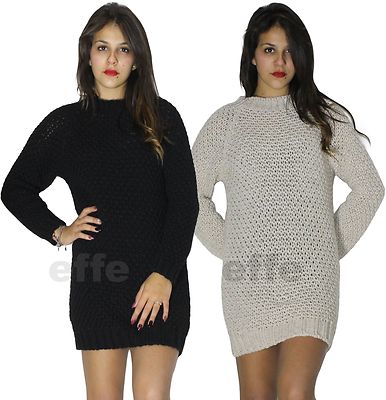 Maglione pullover donna miniabito maxi maglia lana traforata abito