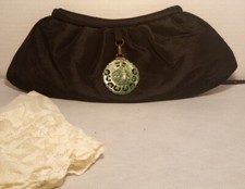 Vintage Black Satin Clutch Purse With Green mermaid gem and Handkerchief