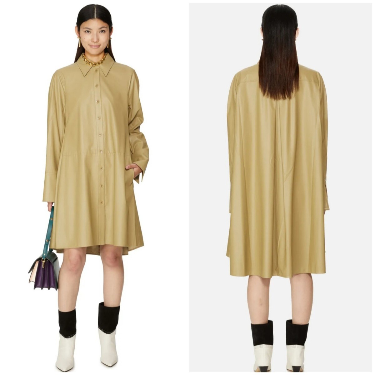 Tibi Faux Leather Shirt Dress Button Up Tan Beige Size 6 New