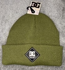DC Shoes Men's Olive Stretch Ribbed Knit Cuffed Label Beanie Hats Cap One Size