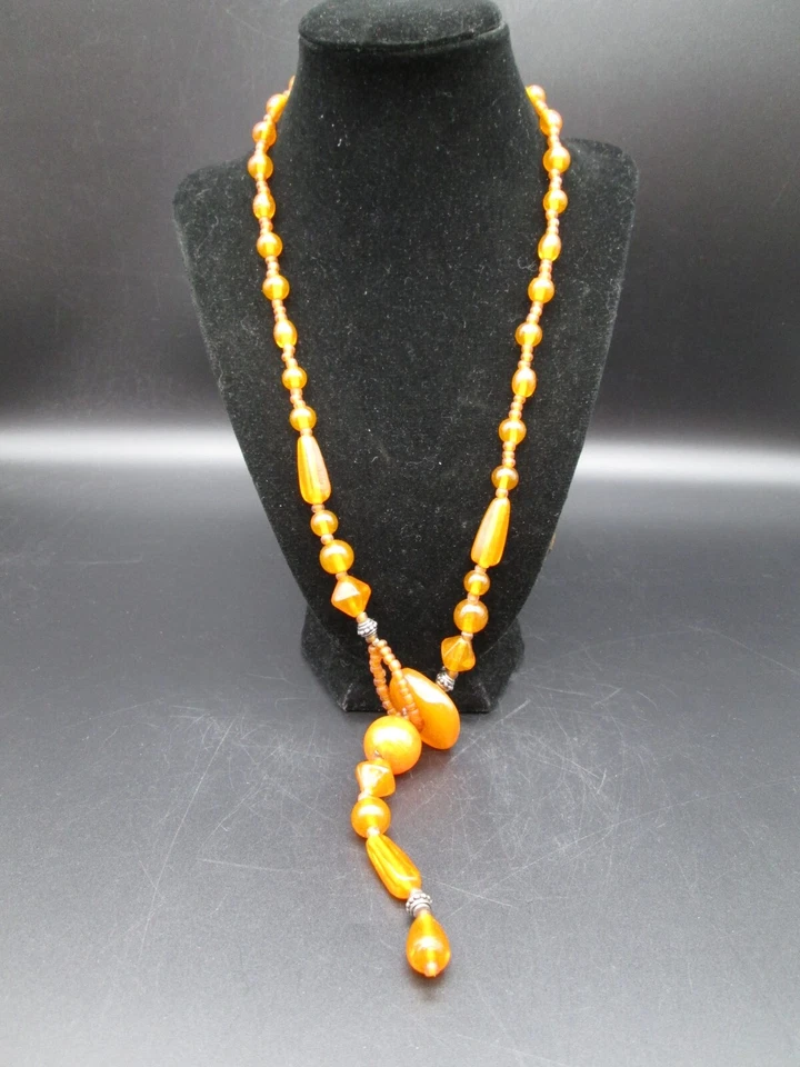 Conjunto de collar de cuentas naranja de vidrio artístico pendientes de 27" vintage hechos artesanalmente WOW Foto 3 de 4