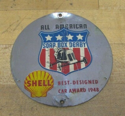#ad 1940s ALL AMERICAN SOAP BOX DERBY SHELL GAS Sign Best Designed Card Award Plaque $395.00