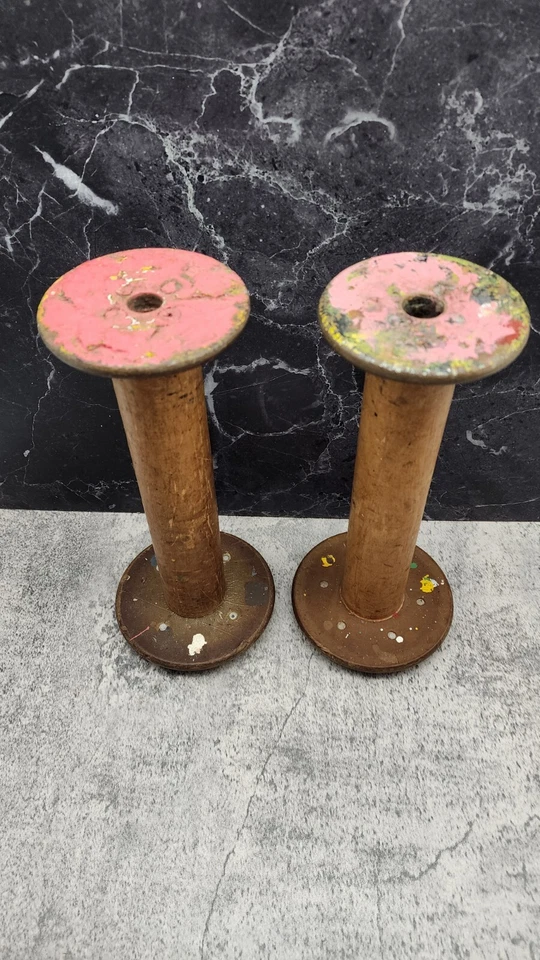 Juego de 2 carretes de madera antiguos textiles Pennsylvania Foto 2 de 4