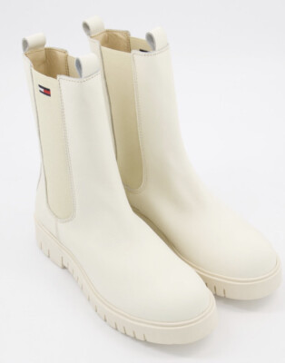Tommy Hilfiger Cream Leather High Chelsea Boots Uk Size - Main Image